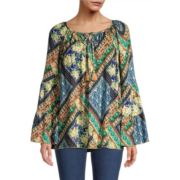 Johnny Was JADE Miza Patchwork Blouse Peasant Boho Top Long Sleeve Tassel Size S - Picture 1 of 8